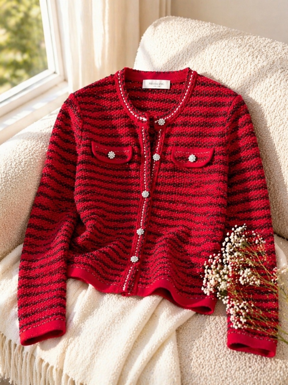 M Cashmere Red Tweed Cardigan Jacket – Textured Knit, Elegant Style, New
